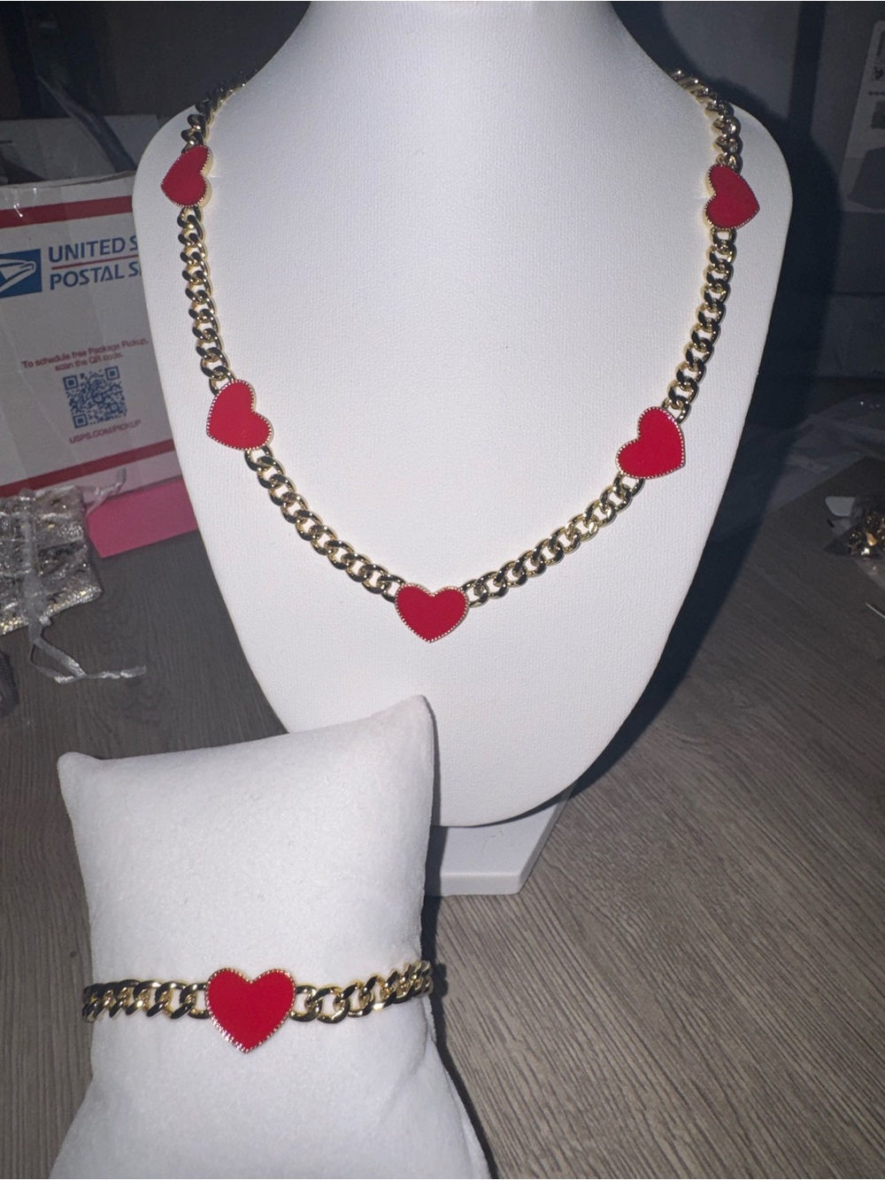 Women’s Gold Chain Necklace and Bracelet Set with Red Heart Accents